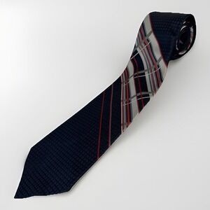 Vintage Men's Navy Blue Plaid Red Grey Horizontal Check Texture Tie 70s